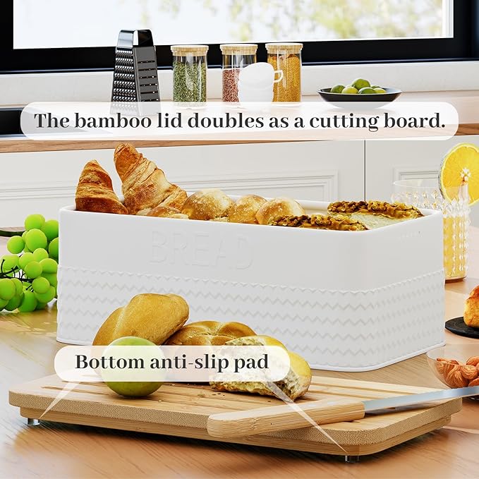 Bread Box for Kitchen Countertop - Metal Bread Storage with Bamboo Cutting Board Lid & Bread Knife, Corner Bread Container for Homemade Bread and Toast, White