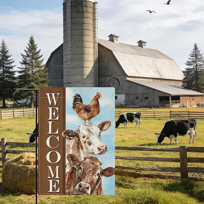 Dyrenson Vintage Farm Animals Welcome Decorative Garden Flag, Retro Farmhouse Cow Rooster Chicken Yard Outside Home Decoration, Rustic Country Burlap Outdoor Small Decor Double Sided 12 x 18