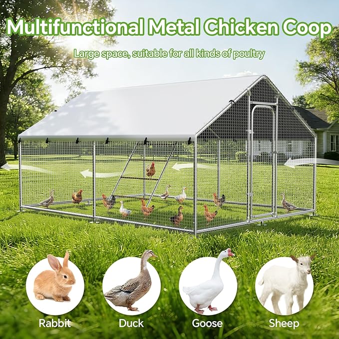 Large Metal Chicken Coop Run with Roosting Perch, Outdoor Poultry Cage with Heavy Duty Wire Mesh and UV-Resistant Cover for Chickens Use, Spire Roof (8.9'W x11.8'L x 6.6'H)