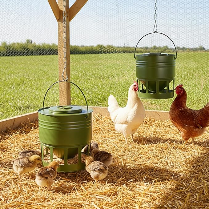 KOL Hanging Chicken Feeder 20lbs Metal Chicken Feeder No Waste, Adjustable Poultry Feeder with 12 Ports, No Installation & Universal Height Design (Green)