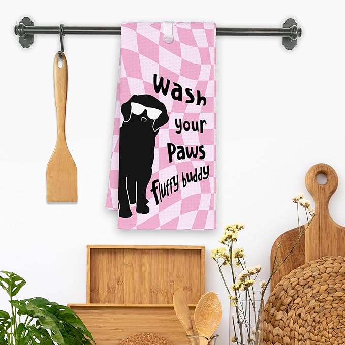 Pink Cute Dog Golden Retriever Bathroom Kitchen Towels, Wash Your Paws Hand Towel for Girly Room, Funny Gifts for Dog Lovers, Trendy Preppy Checkered Dish Towels Decor for Dorm 16x24in