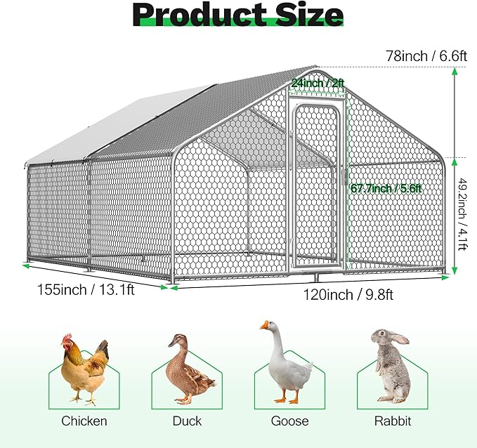 Large Metal Chicken Coop,13.1'L x 9.8'W x 6.6'H Chicken Run,Walk in Chicken Pen with Cover for Yard,Large Poultry Cage for Duck Rabbit