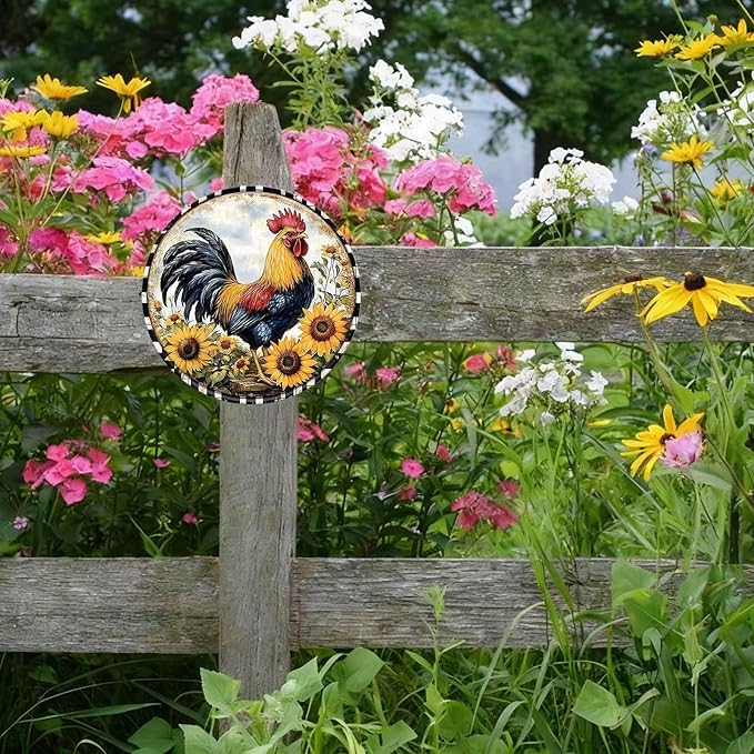 Chicken Round Metal Tin Sign Wreath Rustic Farm Rooster Animal Vintage Wall Art Decor for Home Kitchen Bar Decor 8x8inch