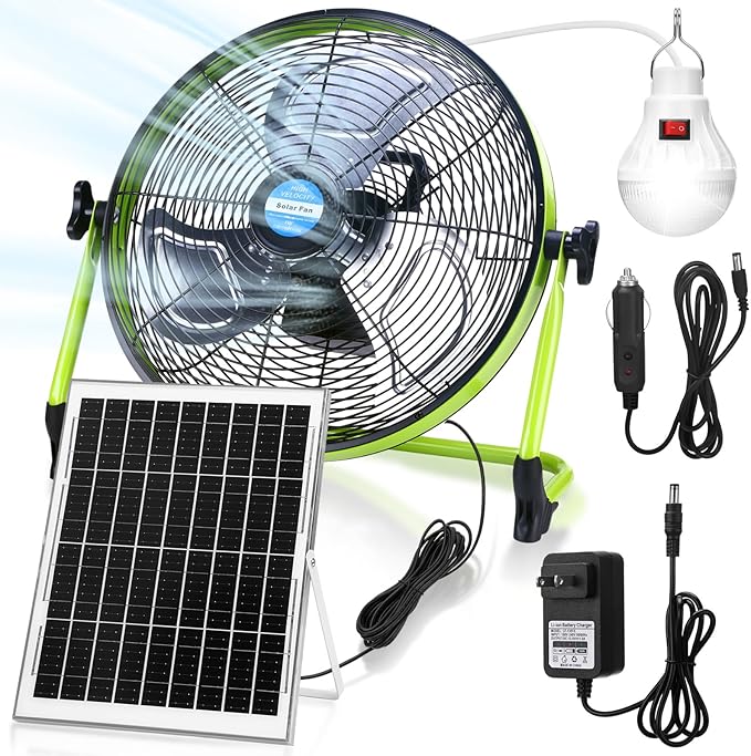 Sumind 14 Inch Portable Rechargeable Fan,15000mAh 20W Battery Powered, Solar Powered Camping Fan with Panel and Light for Outside, Home, Travel, Chicken Coop, Dog House, Shed, Greenhouse