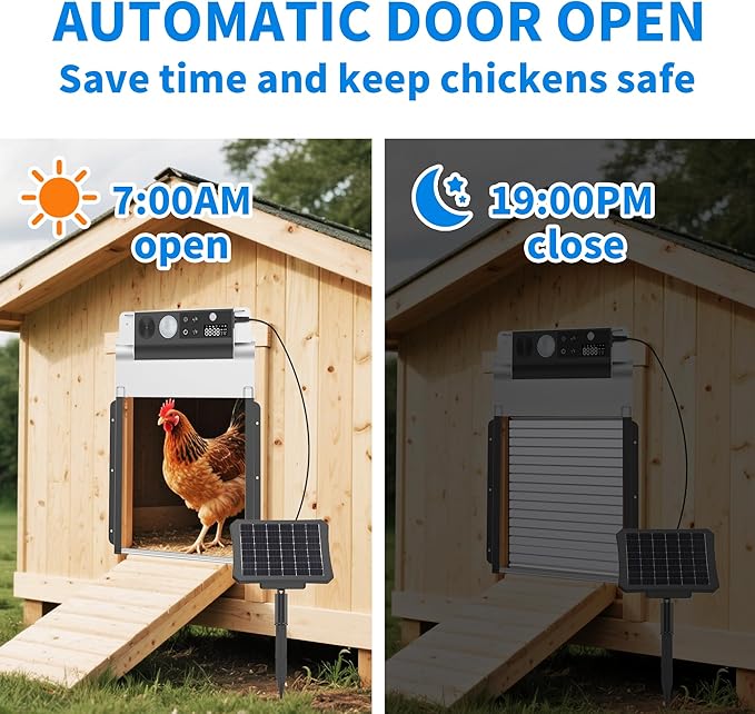 Automatic Chicken Coop Door Solar Powered, LCD Display Automatic Chicken Door with Timer & Light Sensor, 4 Modes Auto Chicken Door Solar with Remote Control, Anti-Pinch & IPX5 Waterproof Coop Door