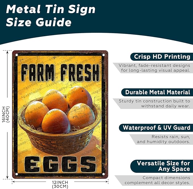 Vintage Farm Chicken Metal Sign Fresh Eggs Metal Poster Home Bathroom Kitchen Farmhouse Garden Coffee Retro Aluminium Sign Art Wall Decor Plaque 16x12 Inch