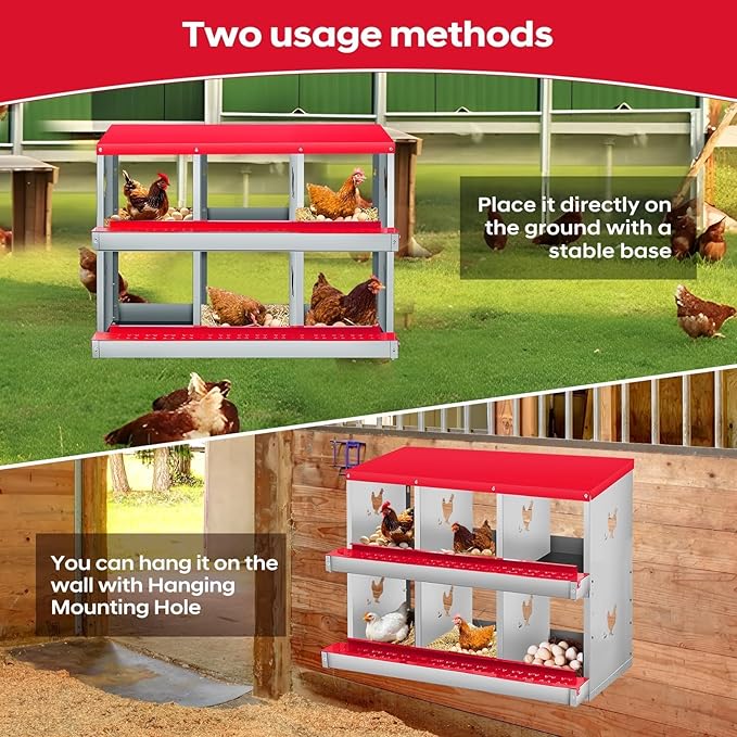 Nesting Boxes for Chickens, 6 Compartments, Nesting Boxes with 4 Dummy Eggs and 10 Dampproof Pets Mats, Red, Stainless Steel, Wall-Mountable & Roll Away Design