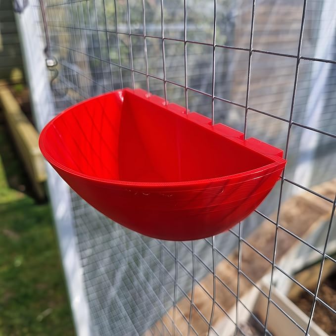 Hanging Poultry Feeder for Chickens and Ducks, Gravity-Feed Distributor, Pet Feed and Water Bowl for 19mm and 25mm Wire Grids (Red, 25mm)