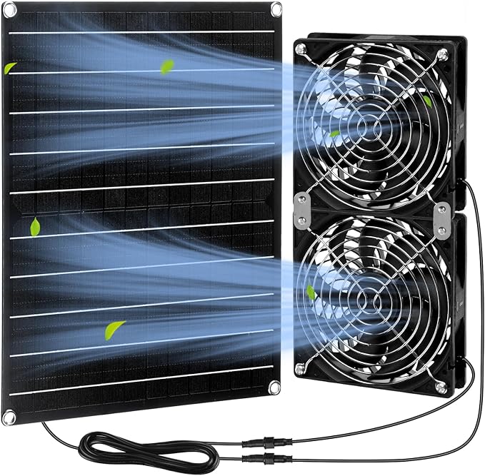 Riakrum 1 Set 2 Pcs 15w 12v Solar Powered Dual Fan Kit, Waterproof Solar Exhaust Intake Cooling Ventilation Fan for Chicken House, Doghouse, Greenhouse, Pet House, DIY Cooling Ventilation