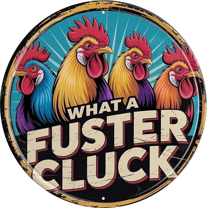 AWISZZZ What A Fuster Cluck Metal Sign 8x8in Round Funny Plaque for Chicken Coop Wall Decor Farm Humor Gift