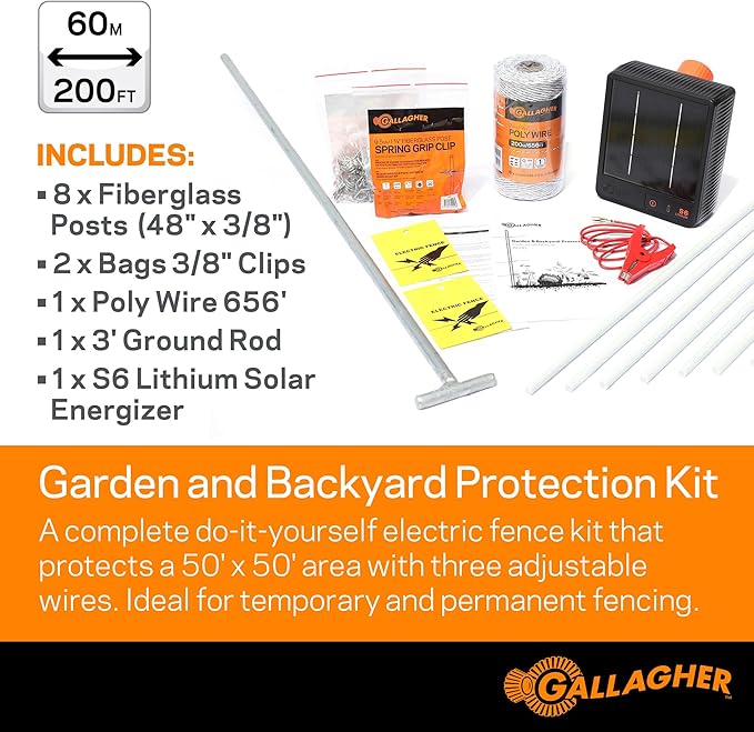 Gallagher Garden & Backyard Pet Protection Kit | Solar Electric Fence Kit for Deer, Rabbits, and Pets | 48in Posts with Polywire | Powers 200ft | Lithium Solar Energizer | Reliable Garden Protection