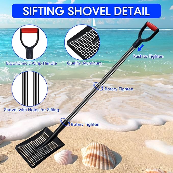 Sifting Shovel, Heavy Duty Metal Sand Sifter for The Beach, 53.5" Long Sand Sifter Shovel for Beach Fun, Chicken Coop, Farm Goat Stall Sand Poop Cleaning, with Ergonomic D-Grip Handle (Black)