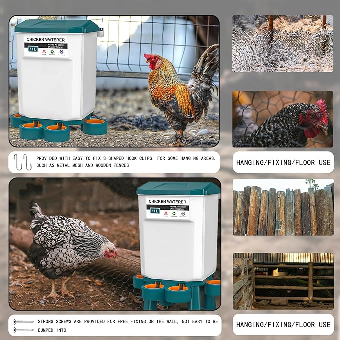 Poultry Watering Equipment, Heated Chicken Waterer, 11L Blue, 11 liters, Chicken