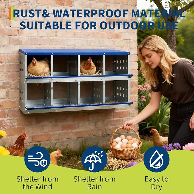 Metal Chicken Nesting Boxes - 8 Hole Wall-Mountable Laying Boxes with Roll-Away Egg Collection, Weatherproof Galvanized Steel, for Chicken Coop, Blue