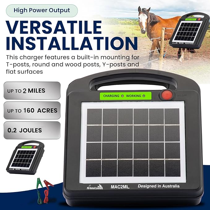 Solar Powered Electric Fence Charger 0.2 Joules Adjustable Voltage (6-9KV) with Lithium Battery Energizer Containment & Protection of Livestock Horses Cattle Sheep Pets Easy Install
