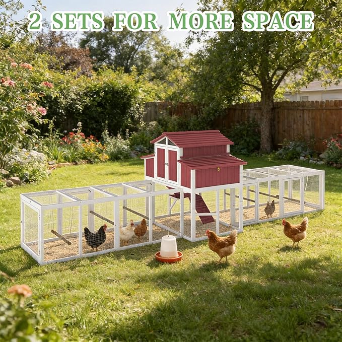 195.48" L 2-Story Chicken Coop with Extra Run Cage,Chicken House Hen House with 2 Large Nesting Boxes,Expandable Poultry Cage for 6-8 Chicken with 8 Perching Bars,Pull-Out Tray,Ramps(RED)