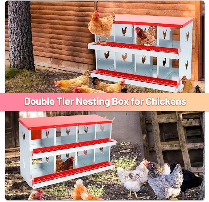 Confote Two-Tier Chicken Nesting Box, 8 Compartment Egg Laying Box, Galvanized Steel Laying Boxes with Lid Cover