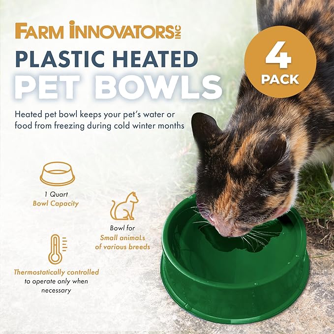 Farm Innovators QT-1 1 Quart Electric Heated Pet Water Bowl with Thermostatic Control and Anti Chew Cord Protector, 25 Watt, Green (4 Pack)
