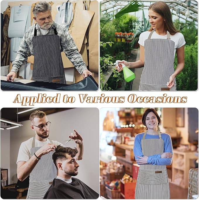 ATROPOS 2 Pack Aprons for Women with Pockets, Cooking Aprons for Women Men, Adjustable Bib Apron Chef Aprons for Kitchen, Cooking, BBQ, Cleaning（Brown/Black Pinstripes）