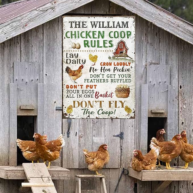 Personalized Classic Metal Chicken Coop Rules Sign, Custom Farm Sign for Chicken Family