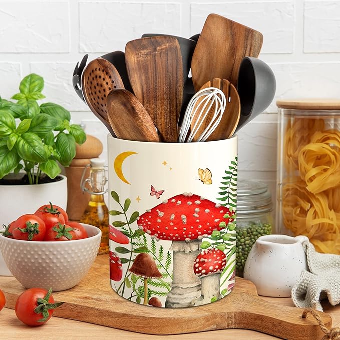 Hexagram Mushroom Decor Utensil Holder, Mushroom Kitchen Decor Ceramic Utensil Holder for Farmhouse Indoor Kitchen Decorations Rustic Farmhouse