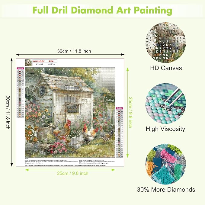 MAXBYE Chicken Coop Diamond Painting Kits for Adults, DIY Diamond Art Kits, 5D Round Full Drill Diamond Gem Art for Home Wall Decor 12x12inch