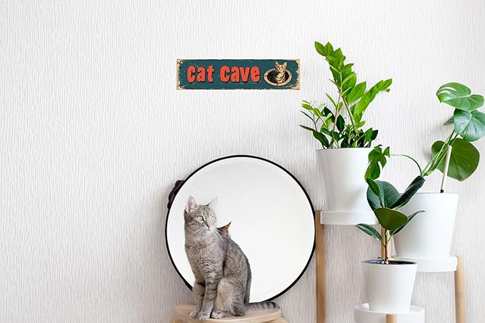 Cat Cave Metal Tin Sign Art Vintage Farmhouse Coffee Bar Bathroom Wall Decor Funny Man Cave Accessories for Home Cool Room Road Street Garage Signs 4x16 in