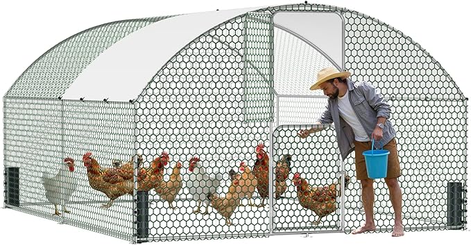 Large Metal Chicken Coop, Walk-in Chicken Run with Feeding Door, Security Lock and Cover, Outdoor Duck/Rabbit Cage Poultry Pen for Backyard, Farm, Yard (Silver - Dome Roof, 13.1 x 9.8 x 6.6 FT)