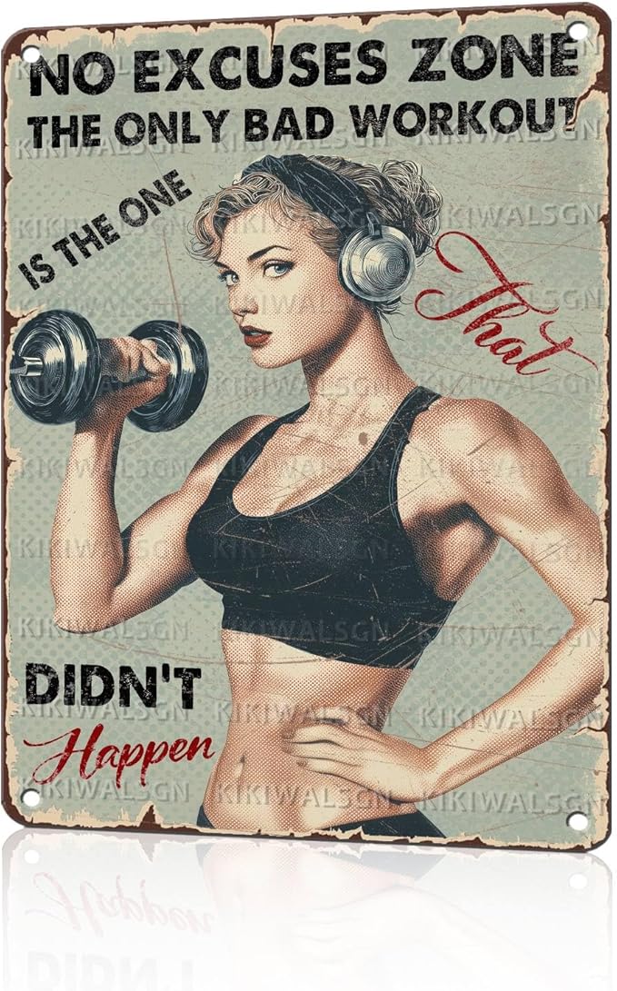 Vintage No Excuses Zone Metal Sign Retro Girl Lifting Dumbbells Fitness Tin Sign Nostalgic Art for Home Gym Personal Studio Wall Decor Living Room Garage Cafe Bar 16 * 12 In