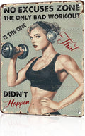 Vintage No Excuses Zone Metal Sign Retro Girl Lifting Dumbbells Fitness Tin Sign Nostalgic Art for Home Gym Personal Studio Wall Decor Living Room Garage Cafe Bar 16 * 12 In