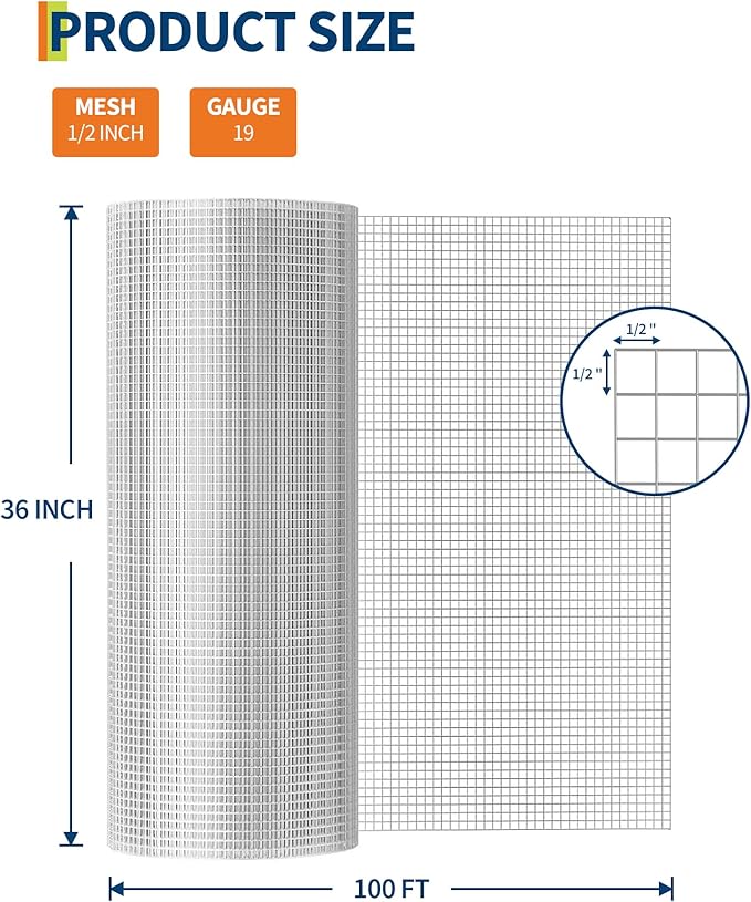 1/2 in 36 in x 100 ft Hardware Cloth, 19GA Chicken Wire Fencing,Galvanized Welded Wire Mesh Roll for Poultry Netting Cage, Chicken Coop