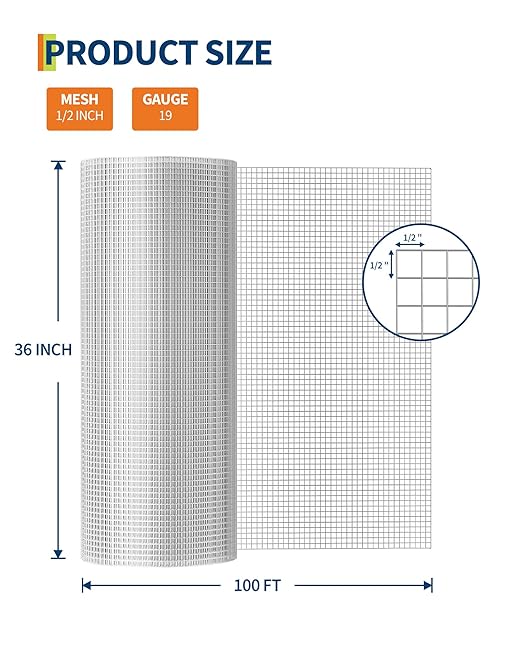 Chicken Wire Fencing 1/2 Inch 36in x 100ft Galvanized Welded Wire Mesh Roll, Chicken Wire Fence for Poultry Rabbit Snake Gopher Cage, Garden Plant Fencing & Animal Netting - Silver