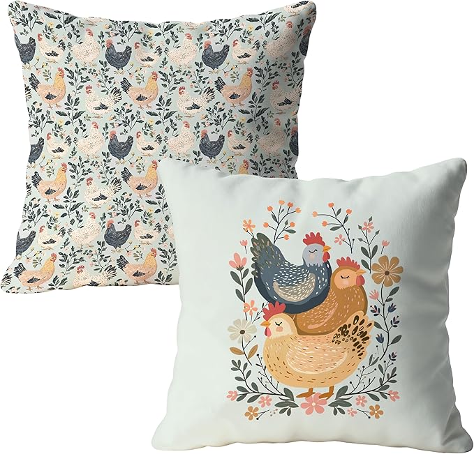 Rustic Floral Chicken Pillow Covers 18x18, Chicken Lover Lady Mom Gifts, Cottagecore Flower Farmhouse Hen Decorative Throw Pillow Covers for Home Bedroom Living Room, Set of 2,Color-2