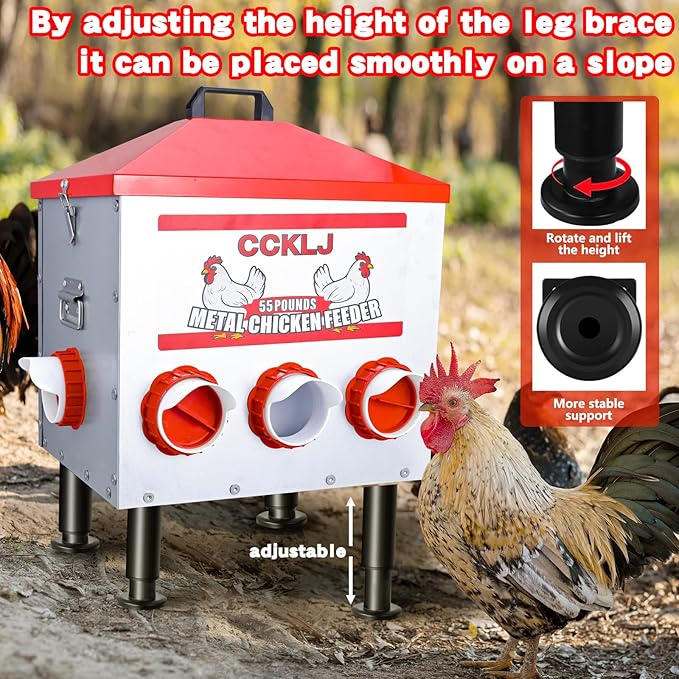 55 LBS Automatic Chicken Feeder with Large View Window, 8 Anti-Waste Feed Ports, Adjustable Secure Lid for Poultry Feed Storage
