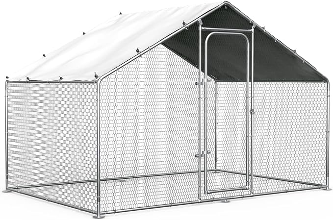 ORANLAND Large Metal Chicken Coop, Spire Chicken Runs for Yard with Cover, Walk in Chicken Coop with Security Lock and Waterproof Cover for Outdoor Farm Use