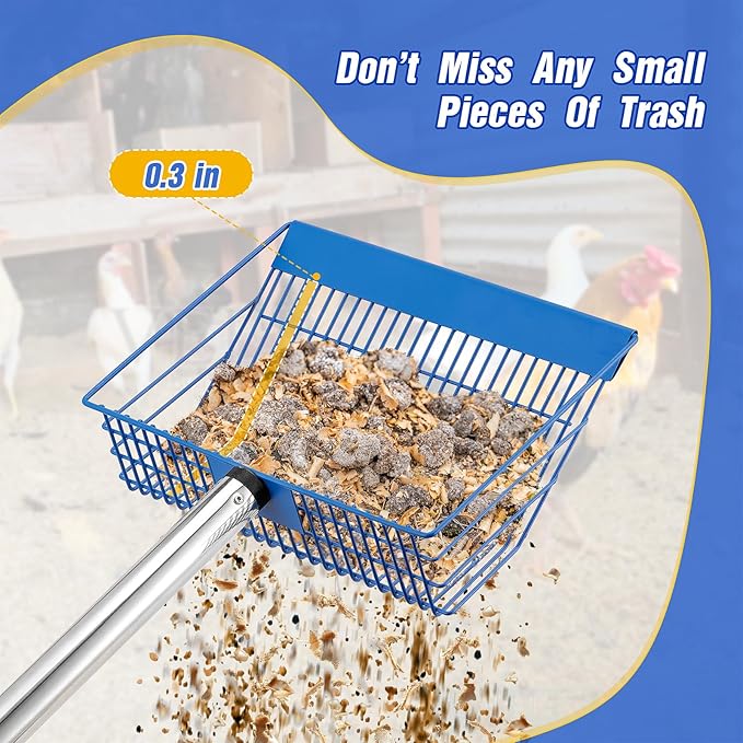 Large Chicken Poop Scooper, Heavy Duty Chicken Coop Scoop for Sand, 35" to 64" Adjustable Stainless Steel Handle, Litter Sifting Shovel for Farm Chicken Coop/Goat Stall/Stable Cleaning