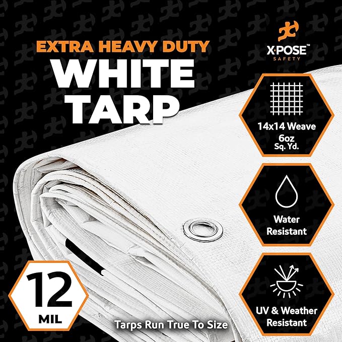 Heavy Duty White Poly Tarp 50' X 50' - Multipurpose Protective Cover - Durable, Waterproof, Weather Proof, Rip and Tear Resistant - Extra Thick 12 Mil Polyethylene - by Xpose Safety