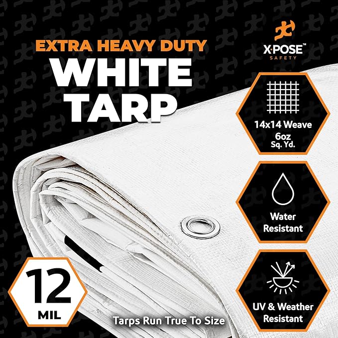 Heavy Duty White Poly Tarp 8' X 10' - Multipurpose Protective Cover - Durable, Waterproof, Weather Proof, Rip and Tear Resistant - Extra Thick 12 Mil Polyethylene - by Xpose Safety