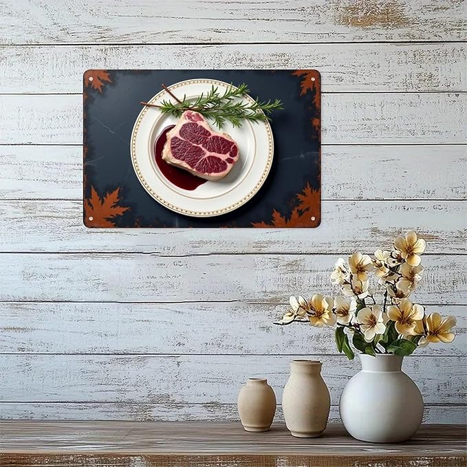 Delicious Steak with Rosemary Tin Sign Vintage Food Metal Sign Print Aesthetic for Garden Yard Bar Porch Home Bedroom Kitchen Wall Decor Gift 8 X 12 in