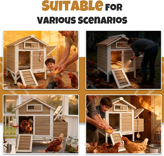Chicken Coop Outdoor, Wooden Chicken House with 2 Nesting Boxs, Poultry Cage with Leak-Proof Pull-Out Tray, Lockable Ramp Door, Roosting Bars, Easy Assembly（36.2" L x 26" W x 38.3" H