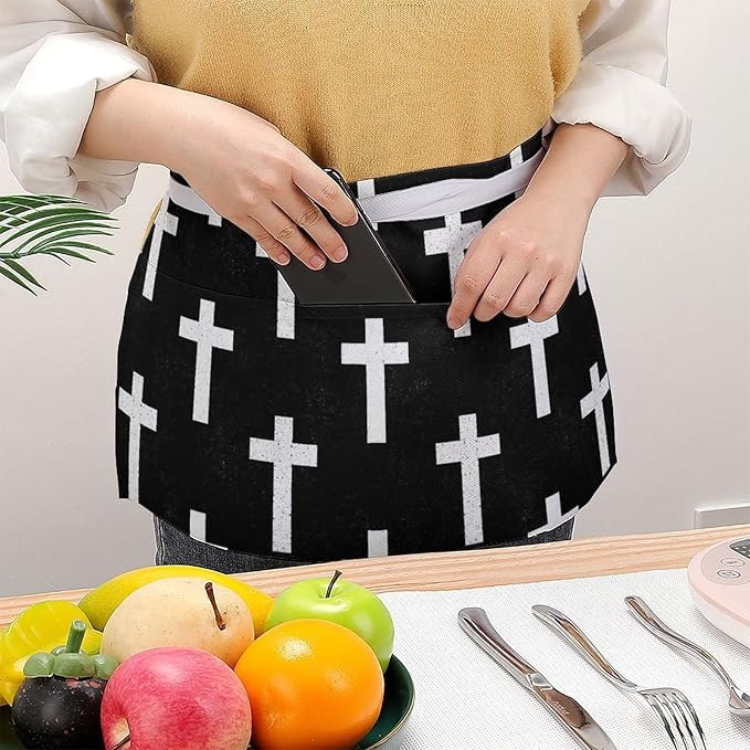 Unisex Apron for Cooking Server Waitress Half Waist Apron with 3 Pockets