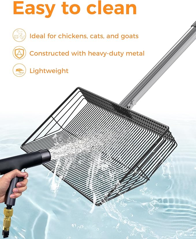 15-inch Large Chicken Poop Scooper, Heavy Duty Adjustable Chicken Coop Scoop for Sand with Ergonomic Grip,Metal Chicken Coop Scoop with 24 to 68"
