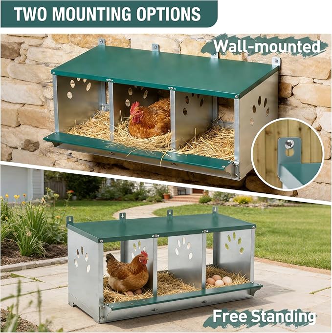 3 Compartment Metal Chicken Nesting Box, Roll Out Hen Laying Box for Easy Egg Collection, Wall Mount Poultry Nest Box for Backyard Chickens, Green, 32.09" L x 16.34" W x 15.35" H