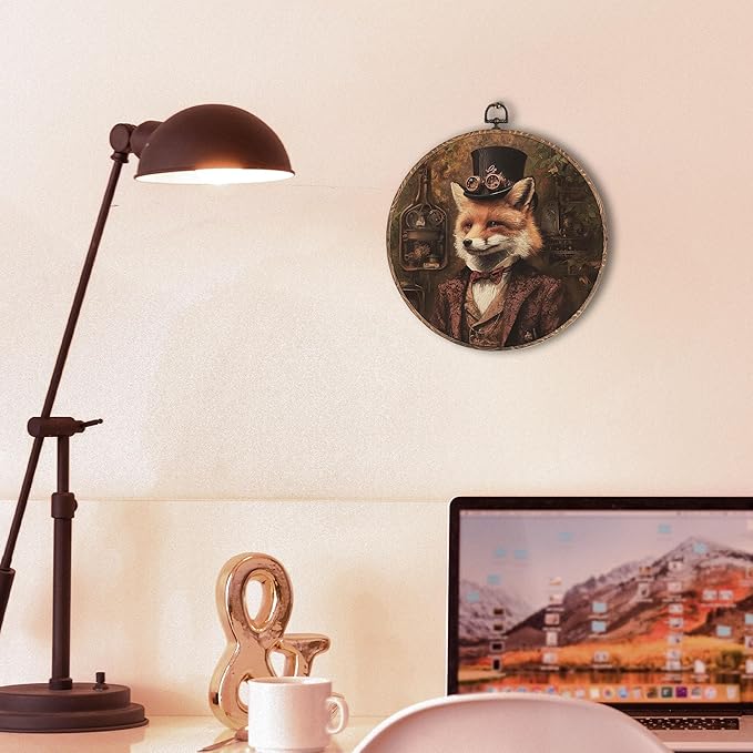 Hxlac Vintage Fox Round Wall Art Framed, Dark Moody Fox Round Wall Decor, Rustic Farm Animal Hanging Canvas Prints Wall Sculptures for Farmhouse Home Living Room Bedroom Decor, 10x10 Inch