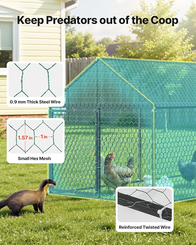 VEVOR Metal Chicken Coop for 6-8 Chickens, 3.3 x 9.8 x 3.3 ft, Small Chicken Cage with Waterproof Cover & 3 Doors, Spire Roof Poultry Run Compatible with Wooden Coops, for Rabbit Hen Goose Duck