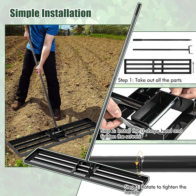Happygrill Lawn Leveling Rake, Heavy Duty Lawn Level Tool for Soil w/67” Handle, Dirt Ground Leveler, Effort-Saving Landscape Rake for Garden, Backyard, Golf Course, Farm, Pasture (46" x 10", Black)