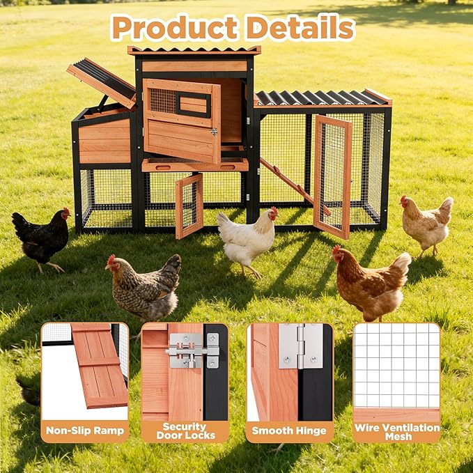 Chicken Coop, Large Wooden Chicken Coop with Nesting Boxes & Run Cage for 2-3 Chickens, Outdoor Hen House Poultry Hutch Rabbit Cage with No-Slip Ramp & Pull-Out Tray for Backyard Farm
