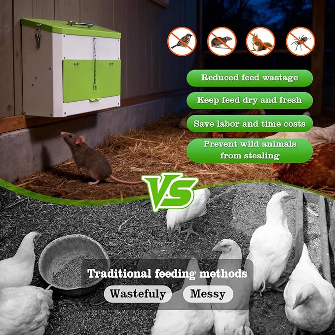 25lb Automatic Chicken Feeders Metal Poultry Feeders Wall Mount No Waste, with Secure Locking Lid, No Assembly Required, Lid Hanging Chicken Feeder Trough for Quail Chickens Ducks Feeder