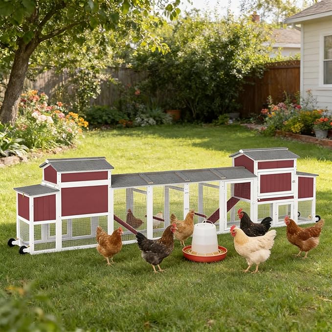Chicken Coop Mobile Wooden Hen House with Nesting Box,83.2" L Outdoor Chicken House with 2 Wheels and Removable Tray,Fir Wood Chicken Tractor with 6 Ventilation Door and 1 Ramp,Red