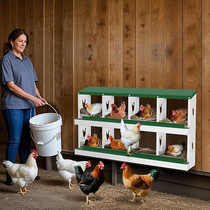 8-Compartment Metal Chicken Nesting Box - with Perch, Secure Lid & Metal Legs, Wall-Mount or Free-Standing Nesting Boxes for Hens